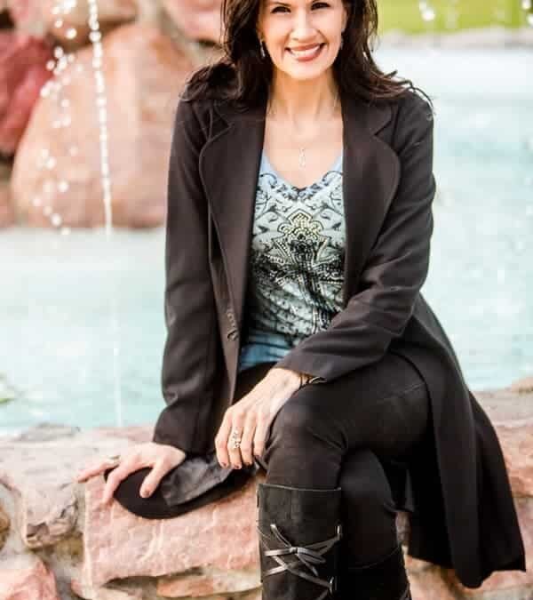 Marcy Requist in front of fountain